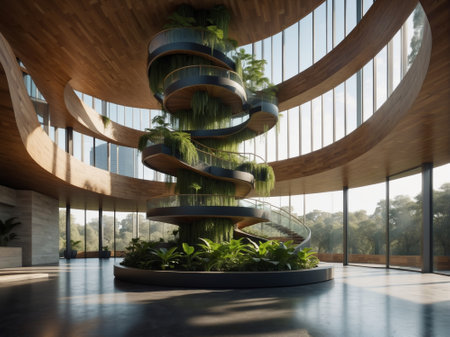 3d rendering of the biomorphic interior architecture with green plants in a modern office building.の素材