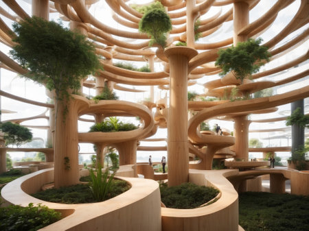 Futuristic building made of wood in the garden, stock photoの素材