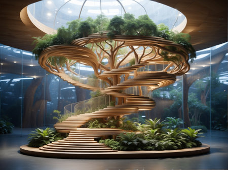 3d illustration of a tree in the interior of a modern buildingの素材