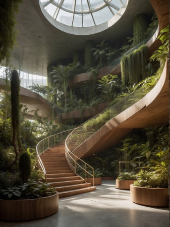 Interior of the botanical garden with stairs, plants and glass roofの素材