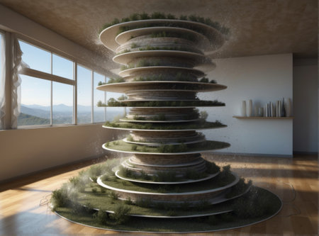 3d rendering of a modern living room interior with a green treeの素材