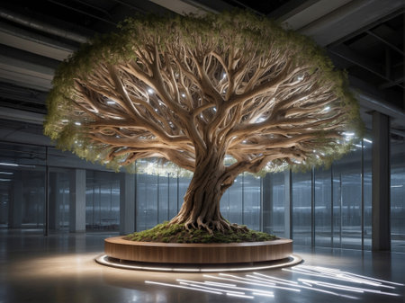 3D rendering of a big tree in a modern office building.の素材