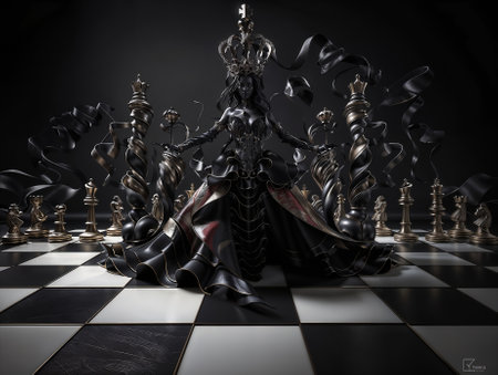 Chess concept with black queen and chess pieces on a chessboard. 3D Rendering.の素材