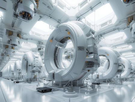 3D rendering of an industrial interior with high-tech machines.の素材