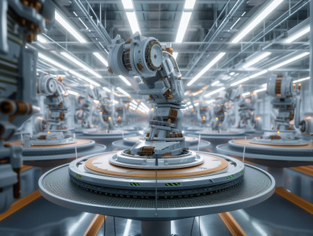 3d rendering of robotic machines working in a factory with conveyor belts.の素材