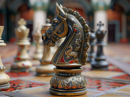beautifully designed chess piece knight on a chessboard. Close-up 3d rendering.の素材