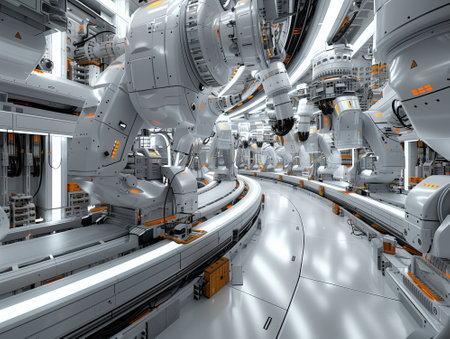 3d rendering of an advanced robot arm in a futuristic factory.の素材
