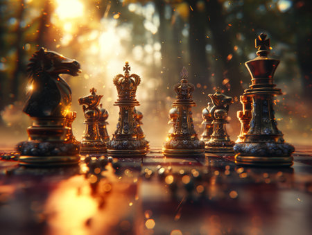 Chess pieces on a chessboard in the forest at sunset. 3d rendering.の素材