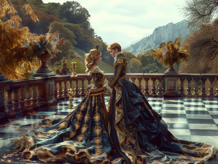 Beautiful couple in medieval era clothes standing on the terrace.の素材