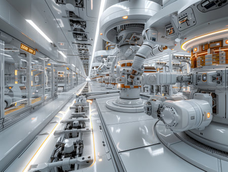 3D rendering of a modern factory interior with a lot of space equipmentの素材