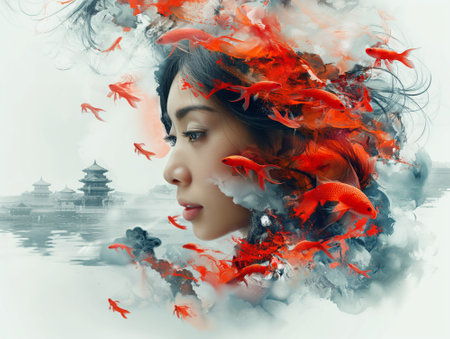 Abstract portrait of a beautiful Asian woman with goldfish in the clouds. 3d illustration.の素材