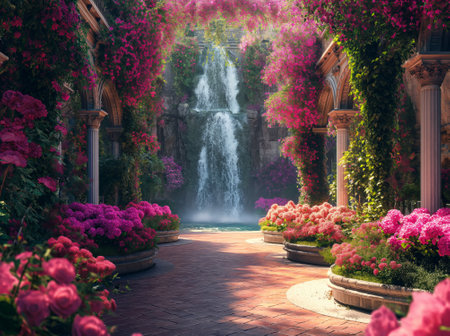 Beautiful tropical garden with waterfall and blooming flowers. 3d renderingの素材