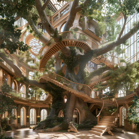 3d rendering of huge fantasy treehouse with spiral staircase.の素材