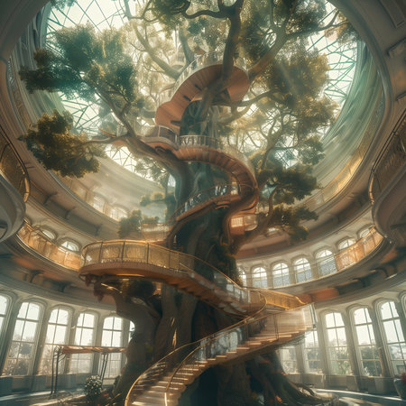 Spiral staircase in a botanical garden with a big old tree. 3d rendering.の素材