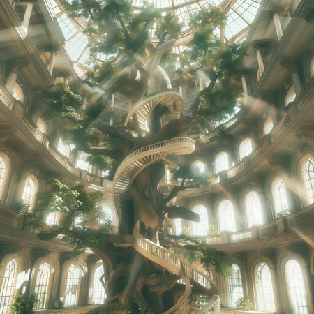 The luminous atrium of a building with a giant treehouse in the middle. 3d renderingの素材
