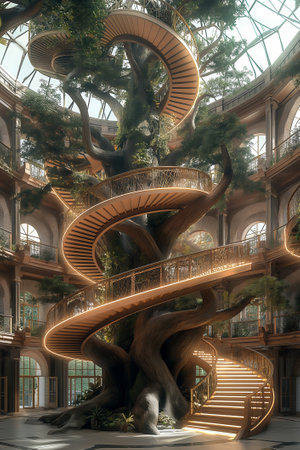 Spiral staircase in a beautiful indoor garden. 3d rendering.の素材