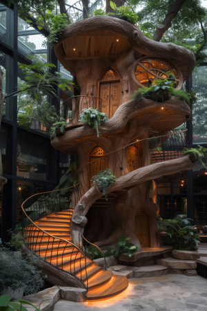 Wooden stairs leading to beautiful treehouse. 3d rendering.の素材