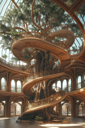 3d render of a wooden staircase spiraling around a giant tree inside a building.の素材