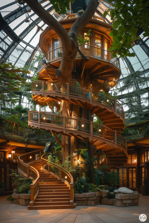 3D rendering of a huge multi-level treehouse with a staircase.の素材