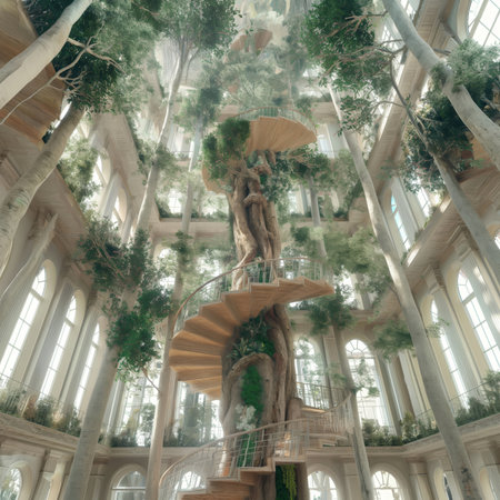 3D rendering of an interior with a fantastical treehouse with a spiraling staircase.の素材
