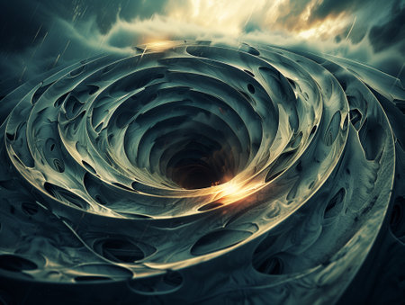 3D rendering of swirly structure with abstract shapes and textures.の素材