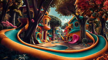 colorful children's slide in a vast playground park. 3d render.の素材