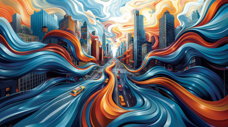 Abstract wavy background with modern skyscrapers. 3d renderingの素材