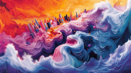 Abstract colorful digital painting of surreal cityscape.の素材
