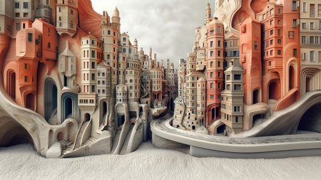 Fantasy 3D Illustration of a Surreal City with Buildings and Streetsの素材