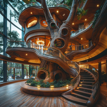 3d rendering of the Interior of a modern atrium with a giant treehouse insideの素材
