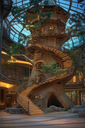 Wooden staircase spiraling around a big fantasy treehouse. 3d rendering.の素材