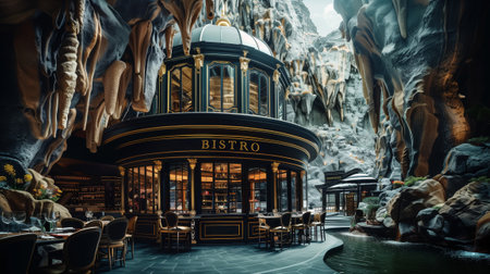 3d rendering of a restaurant in the cave with beautiful exterior architecture.の素材
