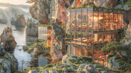 3d rendering of a modern glass restaurant in the mountains.の素材