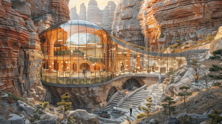 3D rendering of a futuristic building in the mountains.の素材