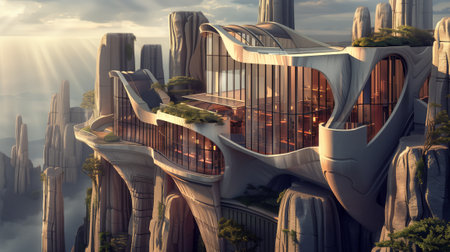 3D rendering of a futuristic building complex in the mountains.の素材
