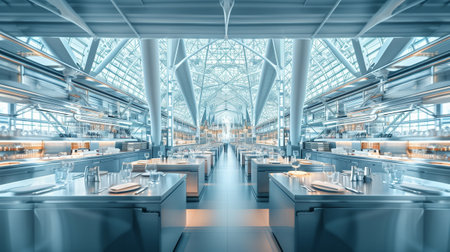 Interior of a spacious modern restaurant. 3d rendering toned imageの素材