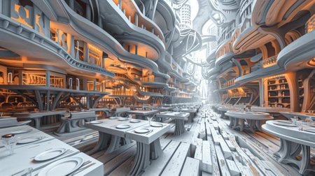 3D illustration of the interior of a modern restaurant with creative architecture.の素材