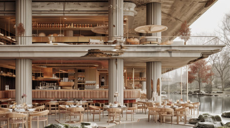 3D rendering of the interior of a restaurant with tables and chairs in the style of minimalismの素材