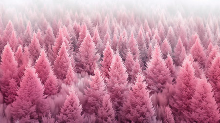 Foggy winter forest of surreal pink fir trees. 3d rendering.の素材