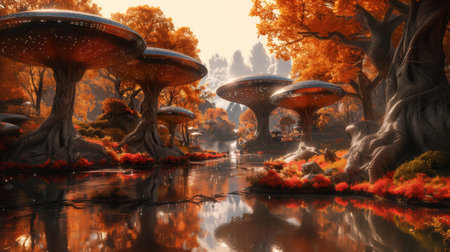 Fantasy landscape with trees, abstract statues and a pond. 3d render illustration.の素材