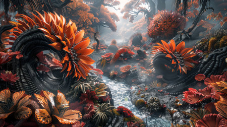 3D illustration of fantasy alien landscape with flowers, trees and plantsの素材