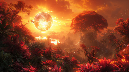 Fantasy planet with a landscape with trees, flowers and a big hot sun. 3d render illustration.の素材