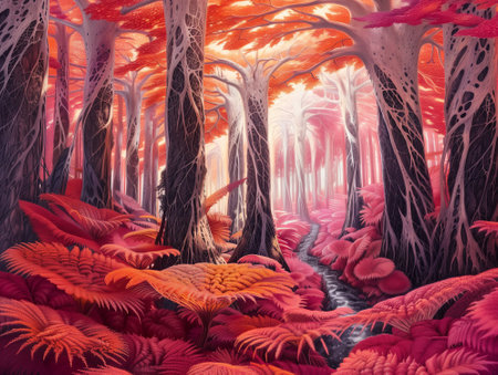 Abstract fantasy forest with red ferns and surreal trees. 3d illustration.の素材