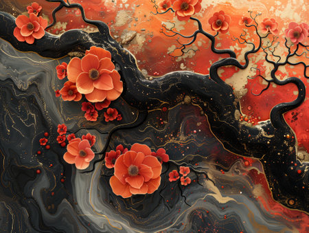 3d illustration of abstract marbling art background with red flowers.の素材