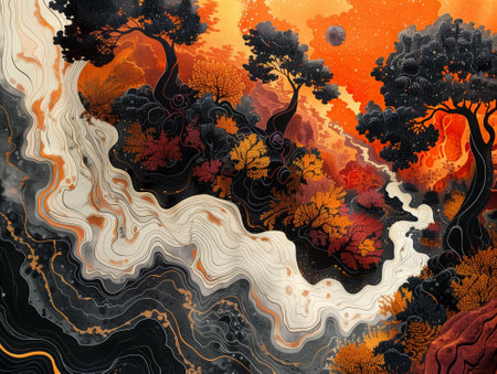 Fantasy landscape with tree and mountains. Psychedelic surreal illustration.の素材
