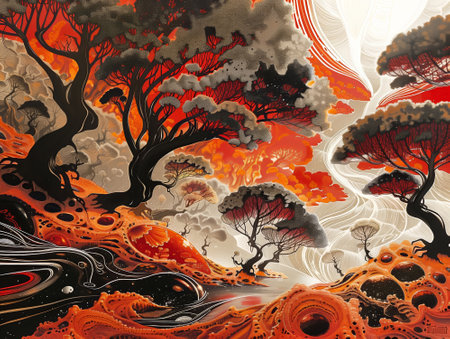 Fantasy landscape with stylized trees and clouds. Abstract digital painting.の素材