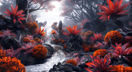 3D rendering of a fantasy landscape with trees, plants and a river.の素材