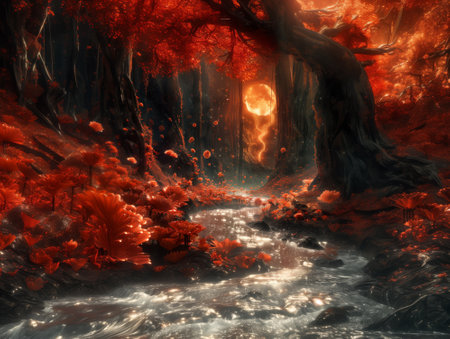 Fantasy forest with fiery sun and trees. 3d render illustration.の素材