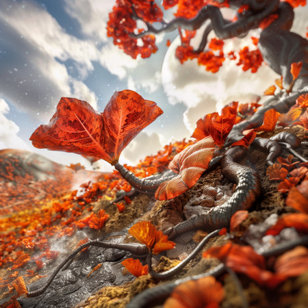 3d illustration of abstract fantasy landscape with tree and red leaves.の素材