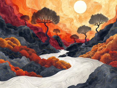 Abstract wavy landscape with mountains, river and trees. Digital painting.の素材